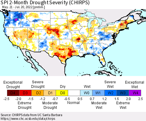 United States SPI 2-Month Drought Severity (CHIRPS) Thematic Map For 5/21/2022 - 7/20/2022