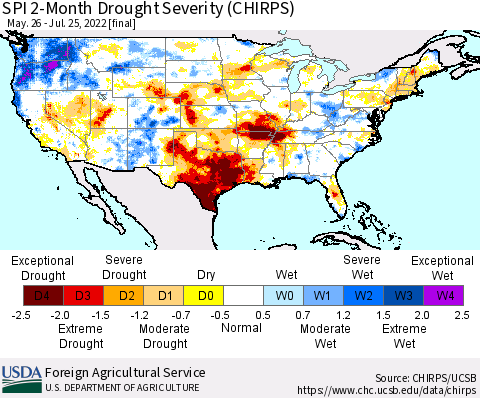 United States SPI 2-Month Drought Severity (CHIRPS) Thematic Map For 5/26/2022 - 7/25/2022