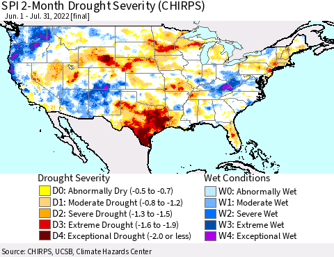 United States SPI 2-Month Drought Severity (CHIRPS) Thematic Map For 6/1/2022 - 7/31/2022