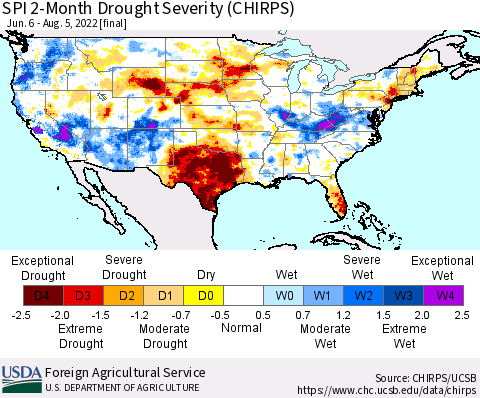 United States SPI 2-Month Drought Severity (CHIRPS) Thematic Map For 6/6/2022 - 8/5/2022