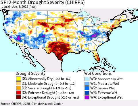 United States SPI 2-Month Drought Severity (CHIRPS) Thematic Map For 6/6/2022 - 8/5/2022