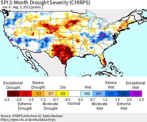 United States SPI 2-Month Drought Severity (CHIRPS) Thematic Map For 6/6/2022 - 8/5/2022