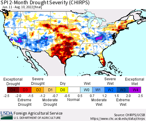 United States SPI 2-Month Drought Severity (CHIRPS) Thematic Map For 6/11/2022 - 8/10/2022