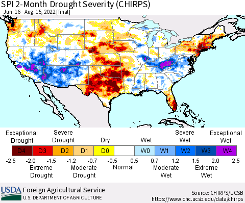 United States SPI 2-Month Drought Severity (CHIRPS) Thematic Map For 6/16/2022 - 8/15/2022