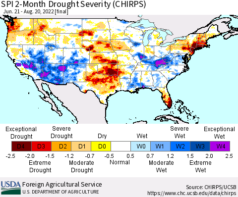 United States SPI 2-Month Drought Severity (CHIRPS) Thematic Map For 6/21/2022 - 8/20/2022