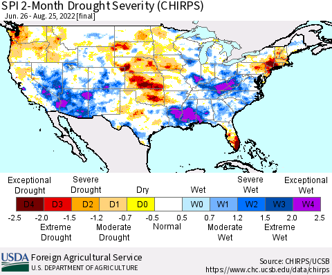 United States SPI 2-Month Drought Severity (CHIRPS) Thematic Map For 6/26/2022 - 8/25/2022