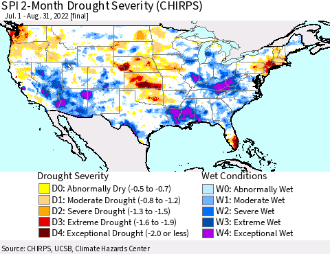 United States SPI 2-Month Drought Severity (CHIRPS) Thematic Map For 7/1/2022 - 8/31/2022