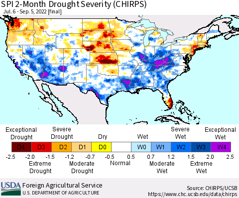 United States SPI 2-Month Drought Severity (CHIRPS) Thematic Map For 7/6/2022 - 9/5/2022