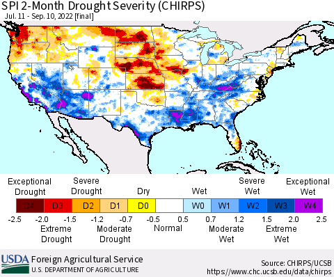 United States SPI 2-Month Drought Severity (CHIRPS) Thematic Map For 7/11/2022 - 9/10/2022