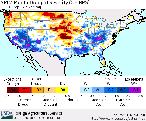United States SPI 2-Month Drought Severity (CHIRPS) Thematic Map For 7/16/2022 - 9/15/2022