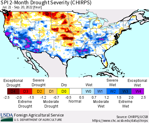 United States SPI 2-Month Drought Severity (CHIRPS) Thematic Map For 7/21/2022 - 9/20/2022