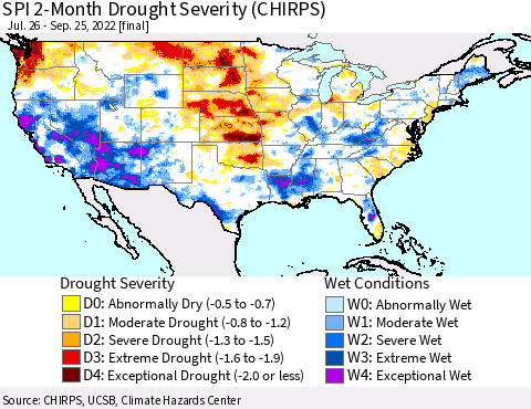 United States SPI 2-Month Drought Severity (CHIRPS) Thematic Map For 7/26/2022 - 9/25/2022