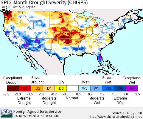 United States SPI 2-Month Drought Severity (CHIRPS) Thematic Map For 8/6/2022 - 10/5/2022