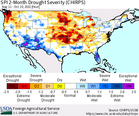 United States SPI 2-Month Drought Severity (CHIRPS) Thematic Map For 8/11/2022 - 10/10/2022