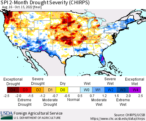 United States SPI 2-Month Drought Severity (CHIRPS) Thematic Map For 8/16/2022 - 10/15/2022