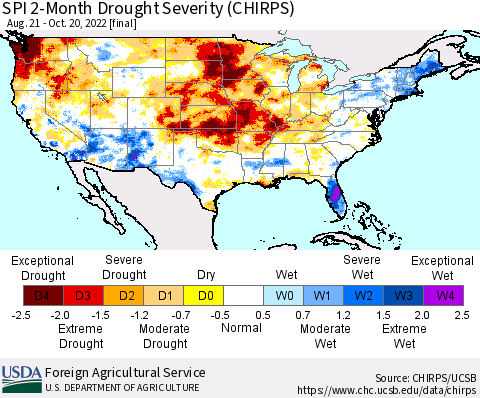 United States SPI 2-Month Drought Severity (CHIRPS) Thematic Map For 8/21/2022 - 10/20/2022