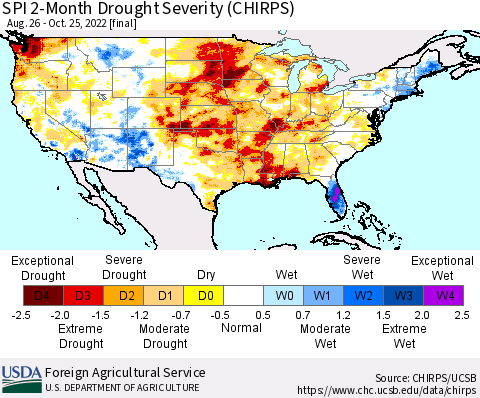 United States SPI 2-Month Drought Severity (CHIRPS) Thematic Map For 8/26/2022 - 10/25/2022