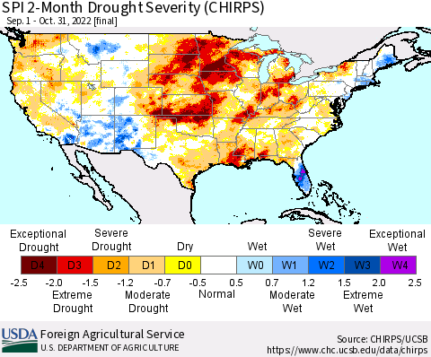 United States SPI 2-Month Drought Severity (CHIRPS) Thematic Map For 9/1/2022 - 10/31/2022