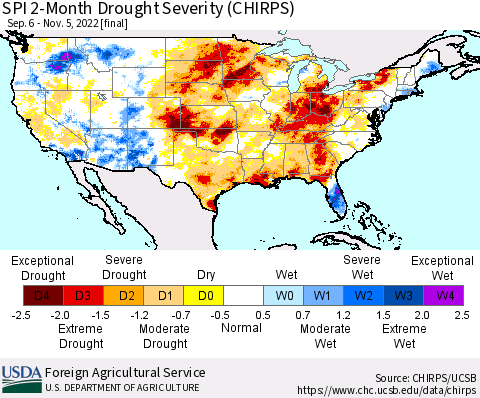 United States SPI 2-Month Drought Severity (CHIRPS) Thematic Map For 9/6/2022 - 11/5/2022