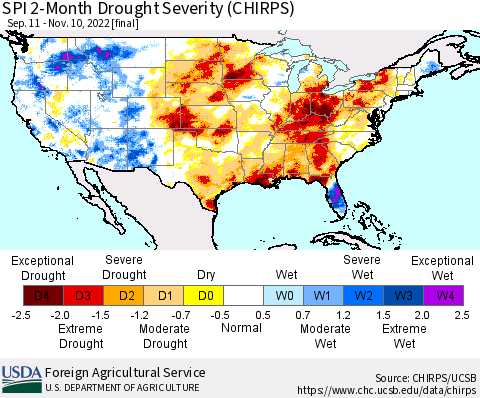 United States SPI 2-Month Drought Severity (CHIRPS) Thematic Map For 9/11/2022 - 11/10/2022