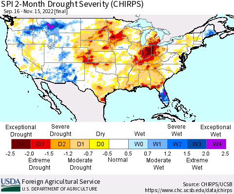 United States SPI 2-Month Drought Severity (CHIRPS) Thematic Map For 9/16/2022 - 11/15/2022