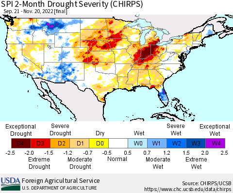United States SPI 2-Month Drought Severity (CHIRPS) Thematic Map For 9/21/2022 - 11/20/2022