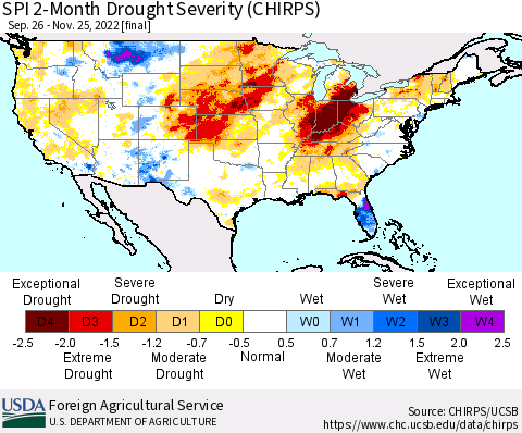 United States SPI 2-Month Drought Severity (CHIRPS) Thematic Map For 9/26/2022 - 11/25/2022