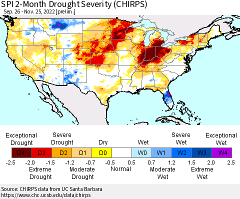 United States SPI 2-Month Drought Severity (CHIRPS) Thematic Map For 9/26/2022 - 11/25/2022