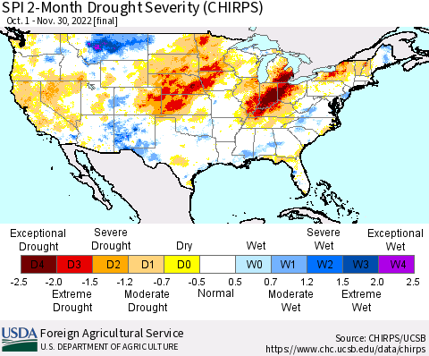 United States SPI 2-Month Drought Severity (CHIRPS) Thematic Map For 10/1/2022 - 11/30/2022
