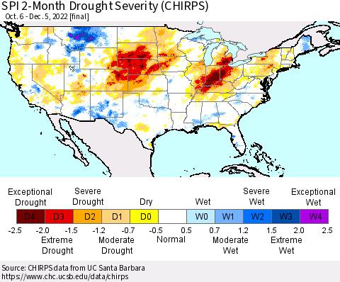 United States SPI 2-Month Drought Severity (CHIRPS) Thematic Map For 10/6/2022 - 12/5/2022
