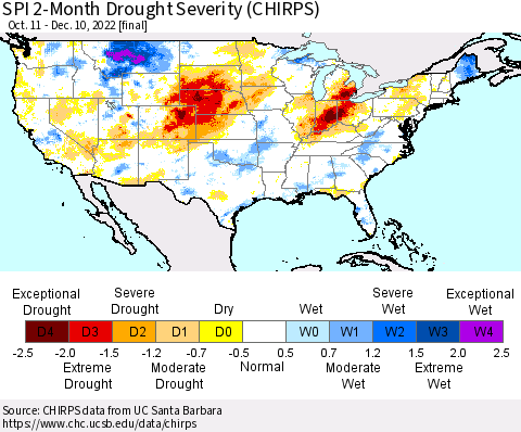 United States SPI 2-Month Drought Severity (CHIRPS) Thematic Map For 10/11/2022 - 12/10/2022