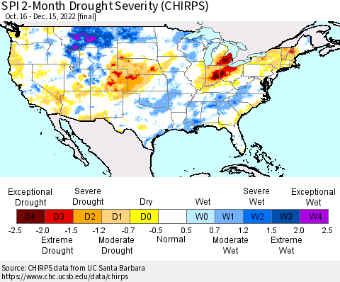 United States SPI 2-Month Drought Severity (CHIRPS) Thematic Map For 10/16/2022 - 12/15/2022