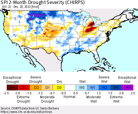 United States SPI 2-Month Drought Severity (CHIRPS) Thematic Map For 10/21/2022 - 12/20/2022