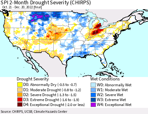 United States SPI 2-Month Drought Severity (CHIRPS) Thematic Map For 10/21/2022 - 12/20/2022