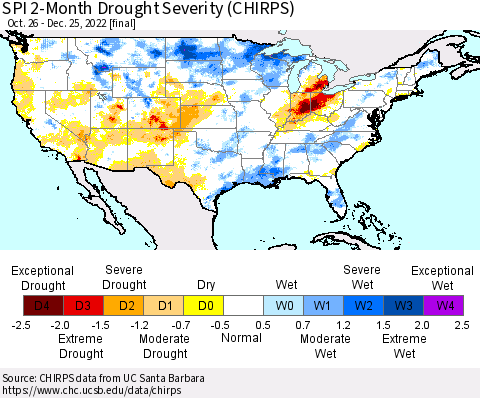 United States SPI 2-Month Drought Severity (CHIRPS) Thematic Map For 10/26/2022 - 12/25/2022
