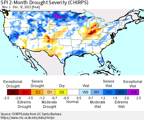 United States SPI 2-Month Drought Severity (CHIRPS) Thematic Map For 11/1/2022 - 12/31/2022