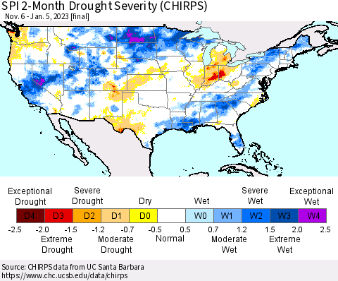 United States SPI 2-Month Drought Severity (CHIRPS) Thematic Map For 11/6/2022 - 1/5/2023