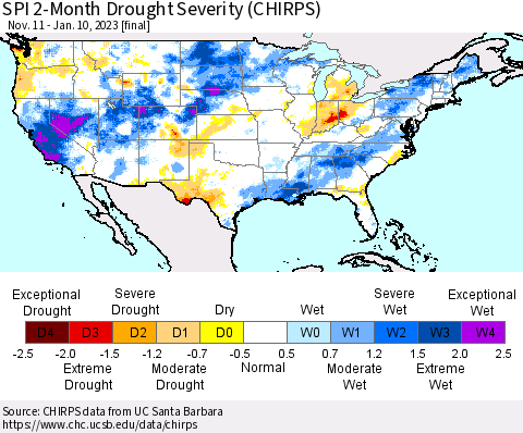 United States SPI 2-Month Drought Severity (CHIRPS) Thematic Map For 11/11/2022 - 1/10/2023