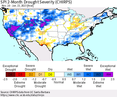 United States SPI 2-Month Drought Severity (CHIRPS) Thematic Map For 11/16/2022 - 1/15/2023