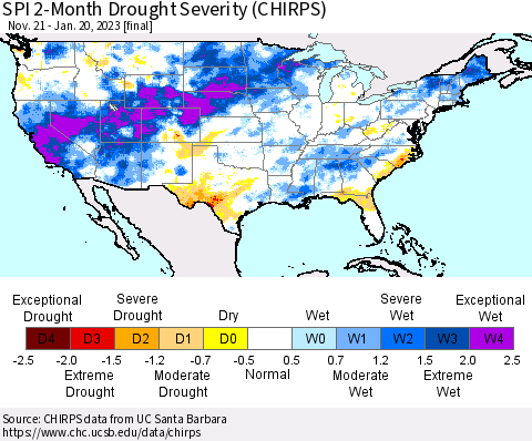 United States SPI 2-Month Drought Severity (CHIRPS) Thematic Map For 11/21/2022 - 1/20/2023