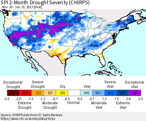 United States SPI 2-Month Drought Severity (CHIRPS) Thematic Map For 11/26/2022 - 1/25/2023