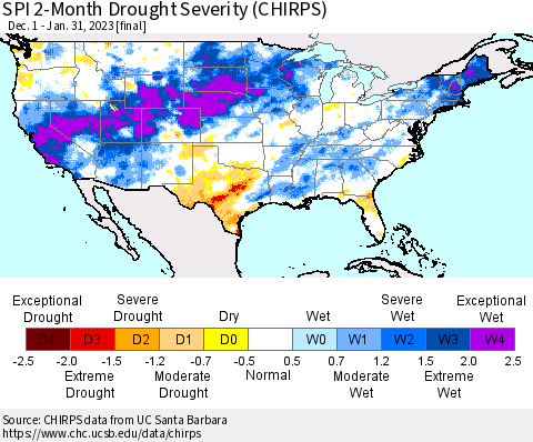 United States SPI 2-Month Drought Severity (CHIRPS) Thematic Map For 12/1/2022 - 1/31/2023