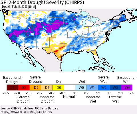 United States SPI 2-Month Drought Severity (CHIRPS) Thematic Map For 12/6/2022 - 2/5/2023