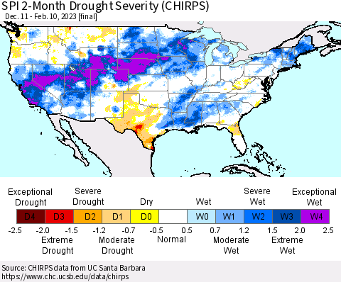 United States SPI 2-Month Drought Severity (CHIRPS) Thematic Map For 12/11/2022 - 2/10/2023