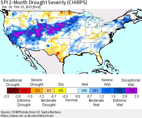 United States SPI 2-Month Drought Severity (CHIRPS) Thematic Map For 12/16/2022 - 2/15/2023