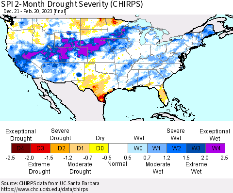 United States SPI 2-Month Drought Severity (CHIRPS) Thematic Map For 12/21/2022 - 2/20/2023