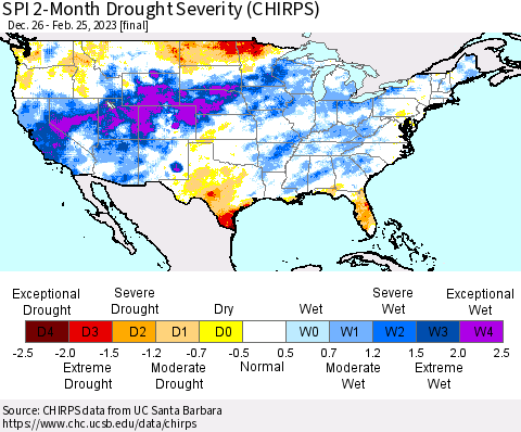 United States SPI 2-Month Drought Severity (CHIRPS) Thematic Map For 12/26/2022 - 2/25/2023