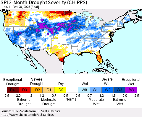United States SPI 2-Month Drought Severity (CHIRPS) Thematic Map For 1/1/2023 - 2/28/2023