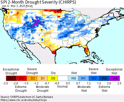 United States SPI 2-Month Drought Severity (CHIRPS) Thematic Map For 1/6/2023 - 3/5/2023