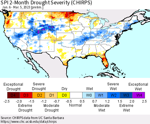 United States SPI 2-Month Drought Severity (CHIRPS) Thematic Map For 1/6/2023 - 3/5/2023
